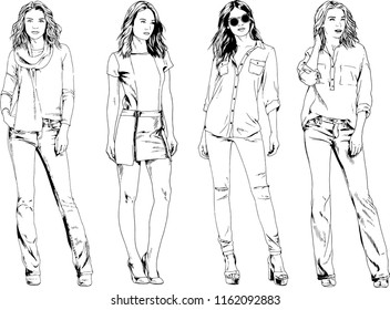 vector drawings on the theme of beautiful slim sporty girl in casual clothes in various poses painted ink hand sketch with no background