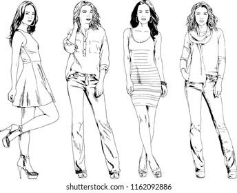 vector drawings on the theme of beautiful slim sporty girl in casual clothes in various poses painted ink hand sketch with no background