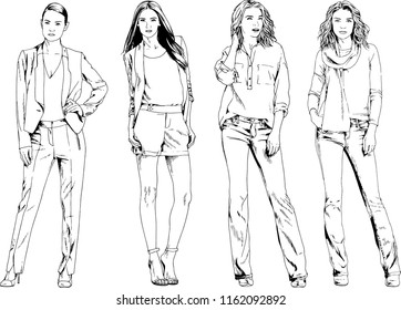 vector drawings on the theme of beautiful slim sporty girl in casual clothes in various poses painted ink hand sketch with no background