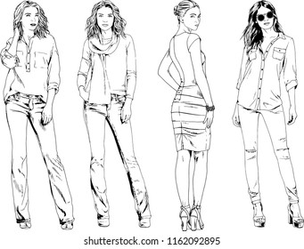 vector drawings on the theme of beautiful slim sporty girl in casual clothes in various poses painted ink hand sketch with no background