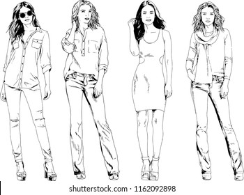 vector drawings on the theme of beautiful slim sporty girl in casual clothes in various poses painted ink hand sketch with no background