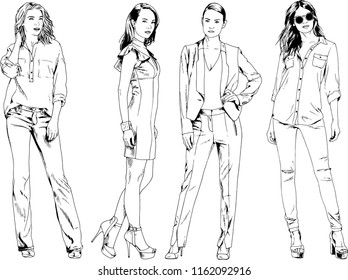 vector drawings on the theme of beautiful slim sporty girl in casual clothes in various poses painted ink hand sketch with no background