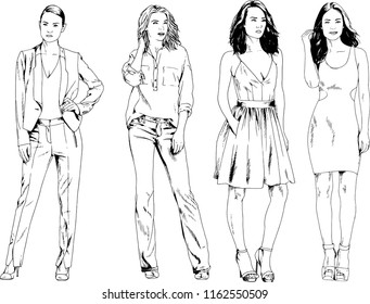 vector drawings on the theme of beautiful slim sporty girl in casual clothes in various poses painted ink hand sketch with no background