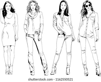 vector drawings on the theme of beautiful slim sporty girl in casual clothes in various poses painted ink hand sketch with no background