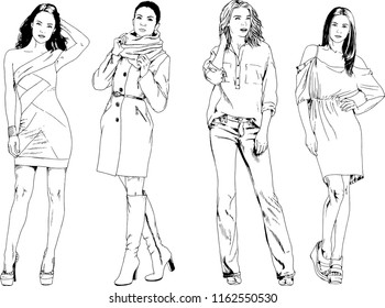 vector drawings on the theme of beautiful slim sporty girl in casual clothes in various poses painted ink hand sketch with no background