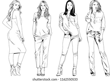 vector drawings on the theme of beautiful slim sporty girl in casual clothes in various poses painted ink hand sketch with no background