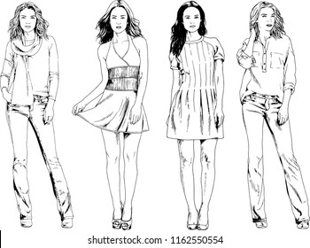 vector drawings on the theme of beautiful slim sporty girl in casual clothes in various poses painted ink hand sketch with no background