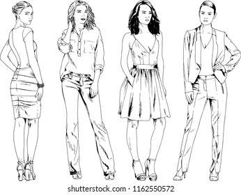 vector drawings on the theme of beautiful slim sporty girl in casual clothes in various poses painted ink hand sketch with no background