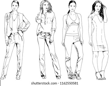vector drawings on the theme of beautiful slim sporty girl in casual clothes in various poses painted ink hand sketch with no background