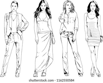 vector drawings on the theme of beautiful slim sporty girl in casual clothes in various poses painted ink hand sketch with no background