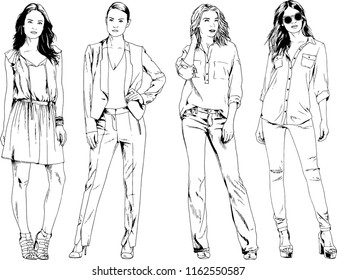vector drawings on the theme of beautiful slim sporty girl in casual clothes in various poses painted ink hand sketch with no background