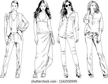 vector drawings on the theme of beautiful slim sporty girl in casual clothes in various poses painted ink hand sketch with no background