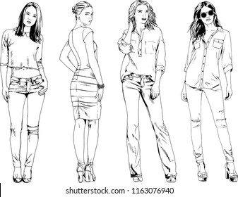 vector drawings on the theme of beautiful slim sporty girl in casual clothes in various poses painted ink hand sketch with no background