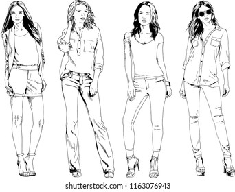 vector drawings on the theme of beautiful slim sporty girl in casual clothes in various poses painted ink hand sketch with no background