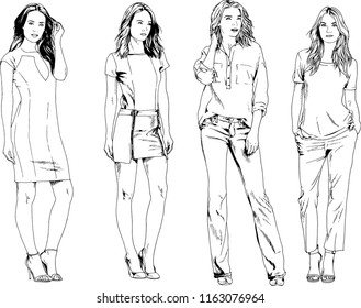 vector drawings on the theme of beautiful slim sporty girl in casual clothes in various poses painted ink hand sketch with no background