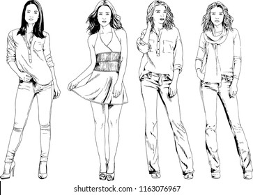 vector drawings on the theme of beautiful slim sporty girl in casual clothes in various poses painted ink hand sketch with no background