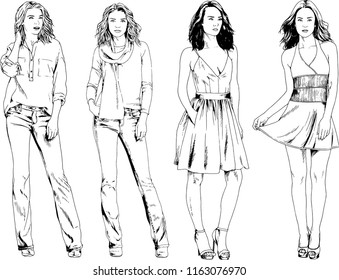 vector drawings on the theme of beautiful slim sporty girl in casual clothes in various poses painted ink hand sketch with no background