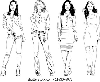 vector drawings on the theme of beautiful slim sporty girl in casual clothes in various poses painted ink hand sketch with no background