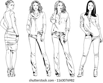 vector drawings on the theme of beautiful slim sporty girl in casual clothes in various poses painted ink hand sketch with no background