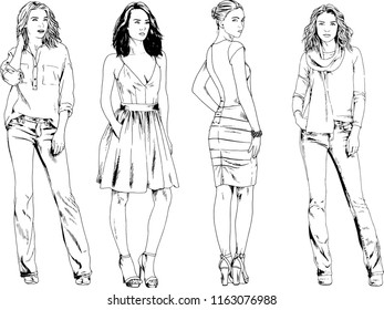 vector drawings on the theme of beautiful slim sporty girl in casual clothes in various poses painted ink hand sketch with no background