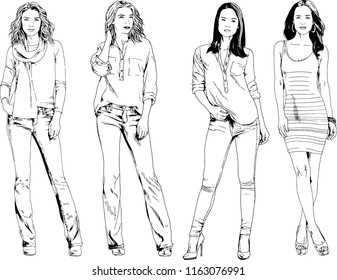 vector drawings on the theme of beautiful slim sporty girl in casual clothes in various poses painted ink hand sketch with no background