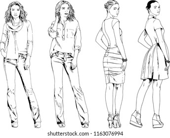 vector drawings on the theme of beautiful slim sporty girl in casual clothes in various poses painted ink hand sketch with no background