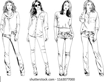 vector drawings on the theme of beautiful slim sporty girl in casual clothes in various poses painted ink hand sketch with no background