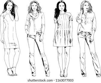 vector drawings on the theme of beautiful slim sporty girl in casual clothes in various poses painted ink hand sketch with no background