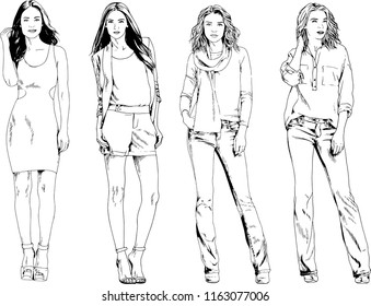 vector drawings on the theme of beautiful slim sporty girl in casual clothes in various poses painted ink hand sketch with no background