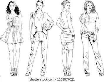 vector drawings on the theme of beautiful slim sporty girl in casual clothes in various poses painted ink hand sketch with no background