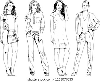 vector drawings on the theme of beautiful slim sporty girl in casual clothes in various poses painted ink hand sketch with no background