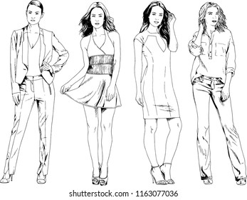 vector drawings on the theme of beautiful slim sporty girl in casual clothes in various poses painted ink hand sketch with no background