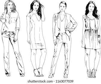vector drawings on the theme of beautiful slim sporty girl in casual clothes in various poses painted ink hand sketch with no background