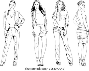 vector drawings on the theme of beautiful slim sporty girl in casual clothes in various poses painted ink hand sketch with no background