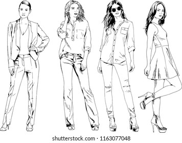 vector drawings on the theme of beautiful slim sporty girl in casual clothes in various poses painted ink hand sketch with no background