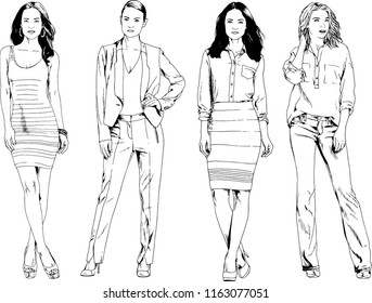 vector drawings on the theme of beautiful slim sporty girl in casual clothes in various poses painted ink hand sketch with no background