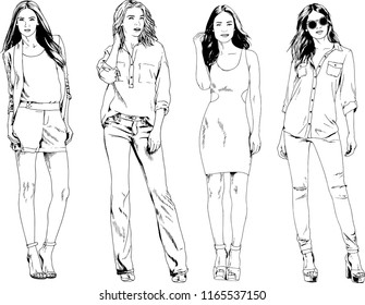 vector drawings on the theme of beautiful slim sporty girl in casual clothes in various poses painted ink hand sketch with no background