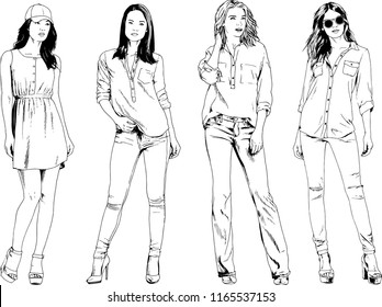 vector drawings on the theme of beautiful slim sporty girl in casual clothes in various poses painted ink hand sketch with no background