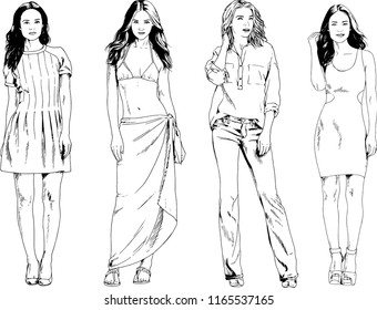 vector drawings on the theme of beautiful slim sporty girl in casual clothes in various poses painted ink hand sketch with no background