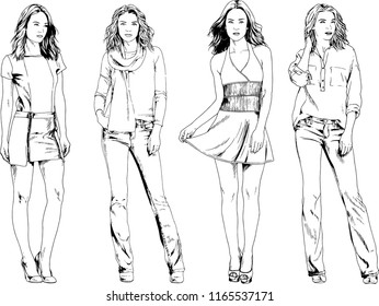 vector drawings on the theme of beautiful slim sporty girl in casual clothes in various poses painted ink hand sketch with no background