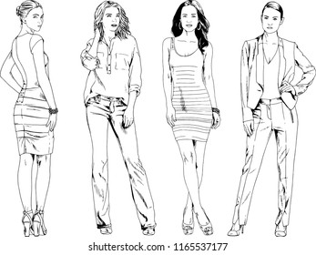 vector drawings on the theme of beautiful slim sporty girl in casual clothes in various poses painted ink hand sketch with no background