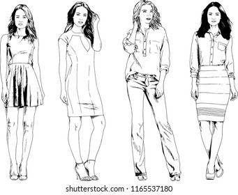 vector drawings on the theme of beautiful slim sporty girl in casual clothes in various poses painted ink hand sketch with no background