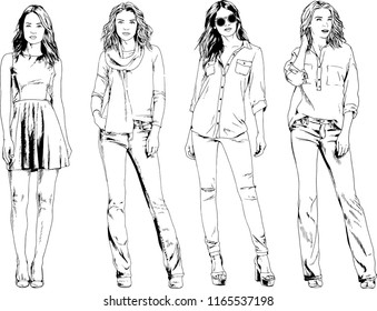 vector drawings on the theme of beautiful slim sporty girl in casual clothes in various poses painted ink hand sketch with no background
