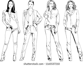 vector drawings on the theme of beautiful slim sporty girl in casual clothes in various poses painted ink hand sketch with no background