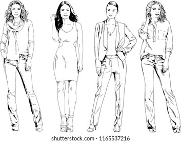 vector drawings on the theme of beautiful slim sporty girl in casual clothes in various poses painted ink hand sketch with no background
