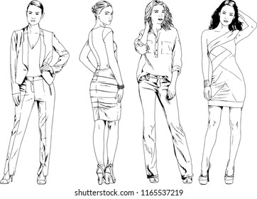 vector drawings on the theme of beautiful slim sporty girl in casual clothes in various poses painted ink hand sketch with no background