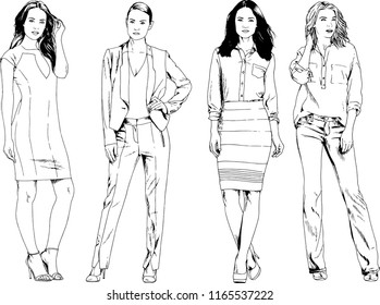 vector drawings on the theme of beautiful slim sporty girl in casual clothes in various poses painted ink hand sketch with no background