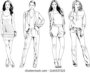vector drawings on the theme of beautiful slim sporty girl in casual clothes in various poses painted ink hand sketch with no background