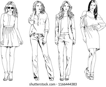 vector drawings on the theme of beautiful slim sporty girl in casual clothes in various poses painted ink hand sketch with no background