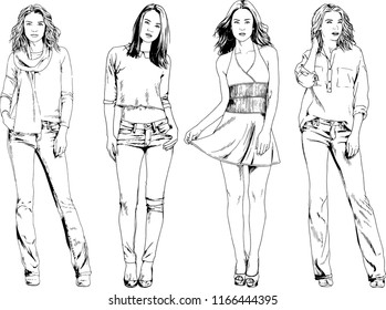 vector drawings on the theme of beautiful slim sporty girl in casual clothes in various poses painted ink hand sketch with no background